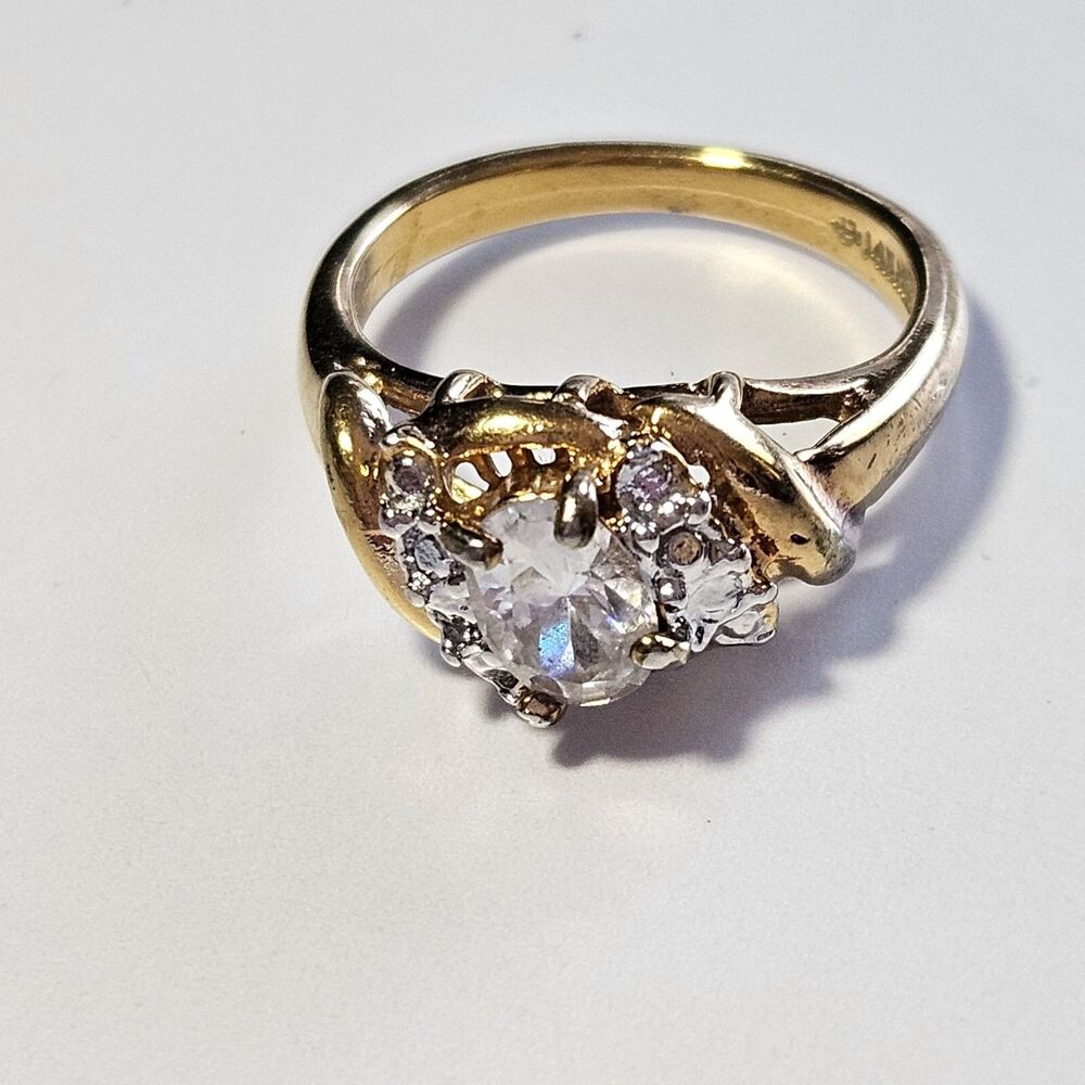 Vintage Uncas 14k Heavy Gold Electroplate Clear Rhinestone Ring Size 7 Cocktail